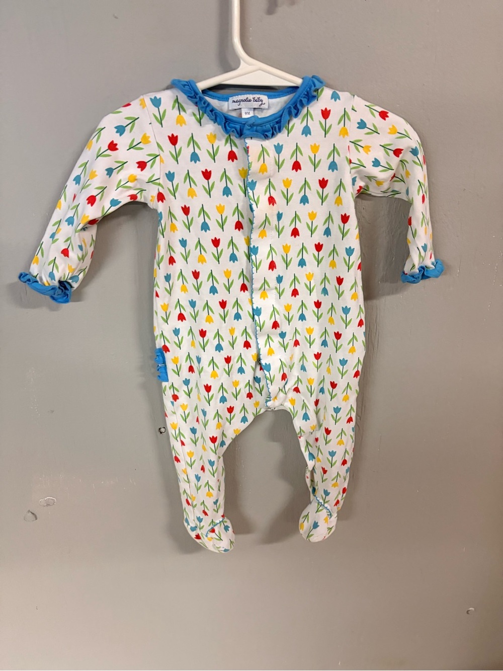 Magnolia Blue Trim Tulip Print Footed One-Piece 9 months